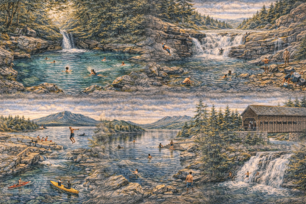 Illustrated 16:9 scenic map of Maine highlighting top swimming holes including Gulf Hagas, Rattlesnake Pool, Coos Canyon, Ledge Falls in Baxter State Park, and Moosehead Lake with waterfalls, rivers, and forest landscapes.