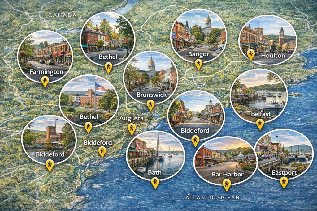 Illustrated map of Maine highlighting 11 charming downtowns with scenic waterfronts, historic main streets, and vibrant town centers across the state.