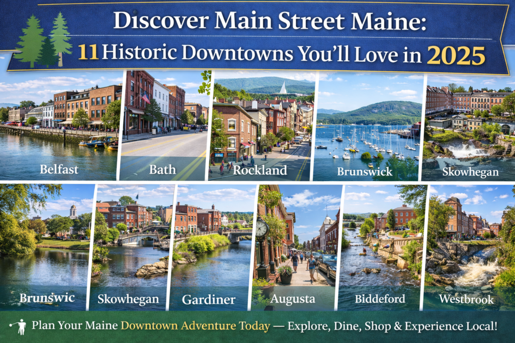 Vibrant 16:9 collage of historic Maine downtowns including Belfast waterfront, Bath brick storefronts, Rockland harbor, Brunswick village green, Skowhegan riverfront, Augusta streetscape, Biddeford mill district, Westbrook falls, Gardiner downtown, Ellsworth main street, and Saco riverwalk under bright summer skies.