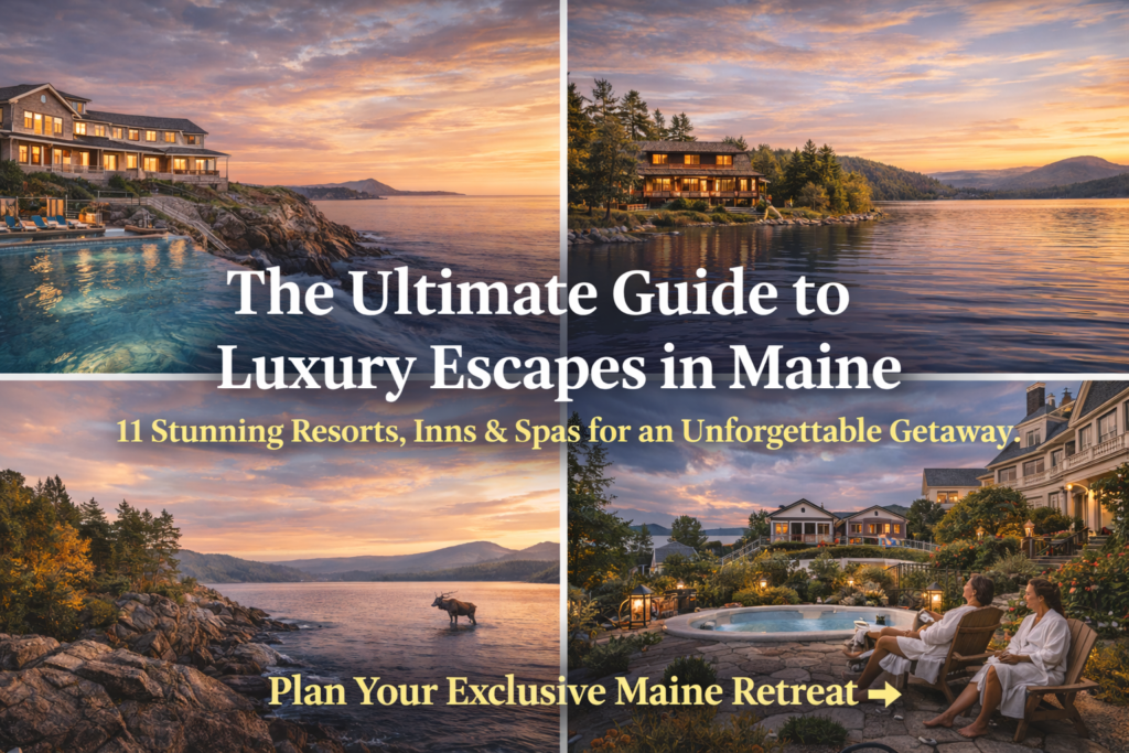 Luxury escapes in Maine featuring a cliffside ocean resort in Cape Neddick, a lakeside lodge on Moosehead Lake, a coastal harbor inn, and a spa retreat with mountain views at sunset.