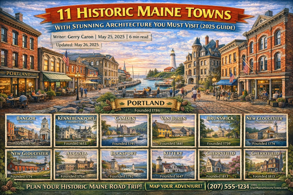 Vibrant 16:9 promotional illustration featuring historic Maine towns including Portland’s Old Port waterfront, Bangor’s brick architecture, Camden Harbor lighthouse, Kennebunkport estates, Augusta’s historic buildings, and coastal New England streets with Victorian and Federal-style architecture.