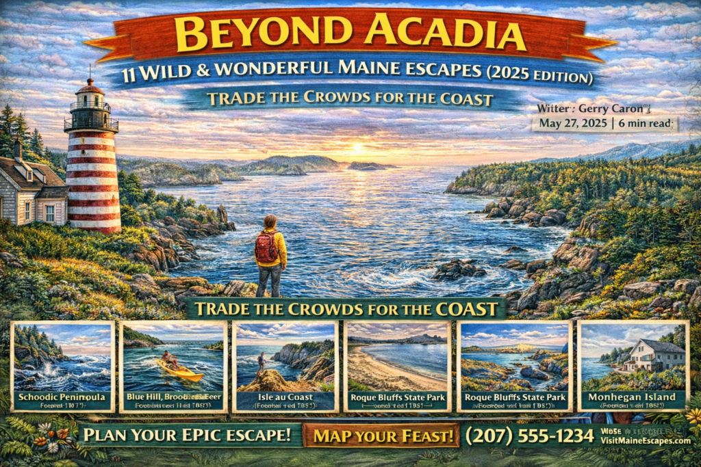 Vibrant 16:9 promotional illustration of Maine’s rugged coastline featuring dramatic granite cliffs, a striped West Quoddy Head Lighthouse, pink granite shores, forested hiking trails, ocean waves crashing along the Bold Coast, and Mount Kineo rising above Moosehead Lake.