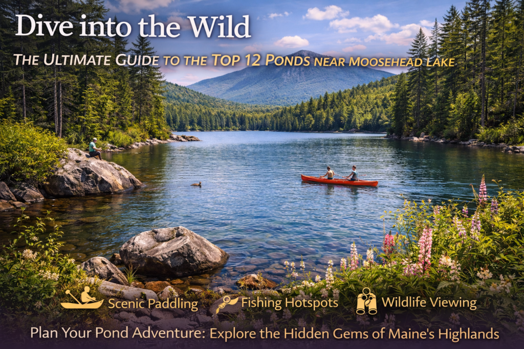 Hidden pond near Moosehead Lake surrounded by Maine Highlands forest with calm water and mountain reflections