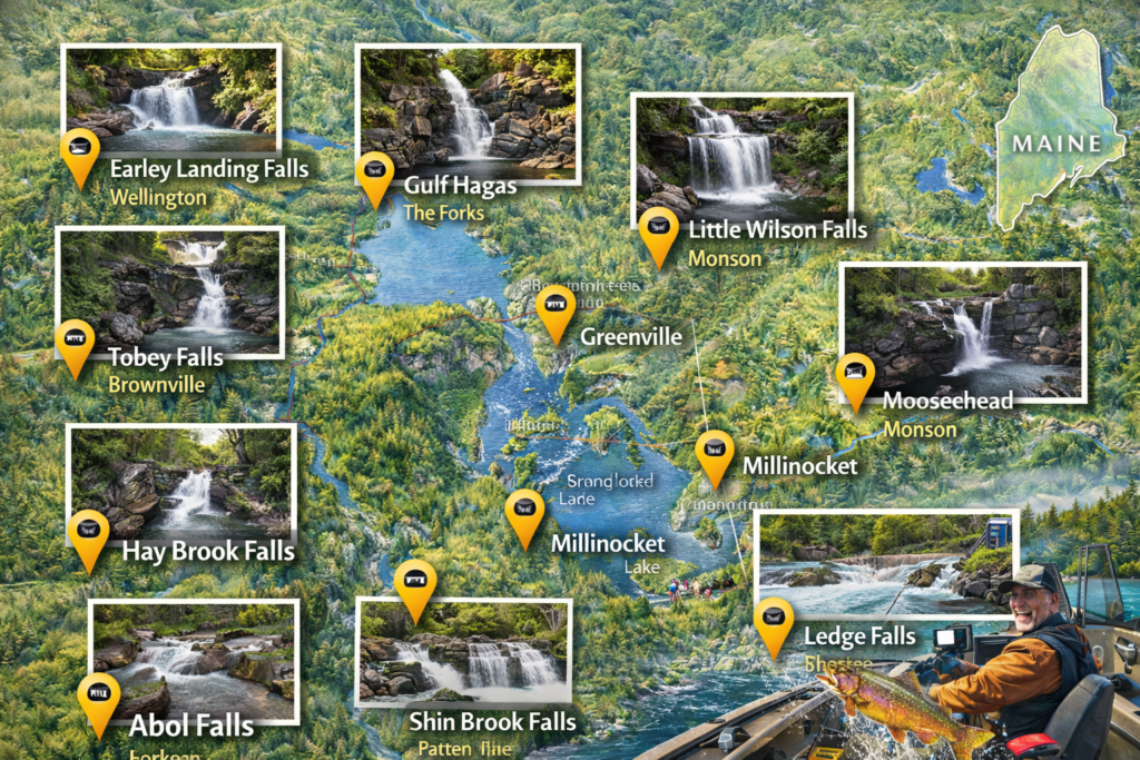 Illustrated map of Maine Highlands waterfalls showing Gulf Hagas, Abol Falls, Little Wilson Falls, Shin Brook Falls, Tobey Falls, Hay Brook Falls, Earley Landing Falls, and Ledge Falls with nearby towns and forest scenery.