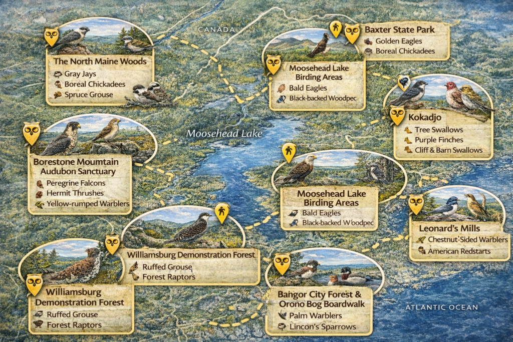 Illustrated map of the Maine Highlands highlighting 13 premier birdwatching trails, featuring Moosehead Lake, Baxter State Park, Borestone Mountain, Kokadjo, Bangor City Forest, and North Maine Woods with key bird species habitats.