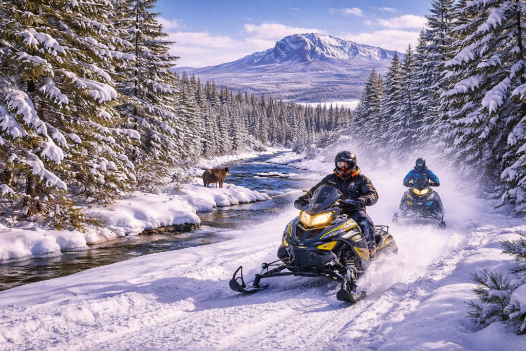 Snowmobilers riding groomed forest trails in Maine with winter wildlife tracks, deep snow, and scenic backcountry views