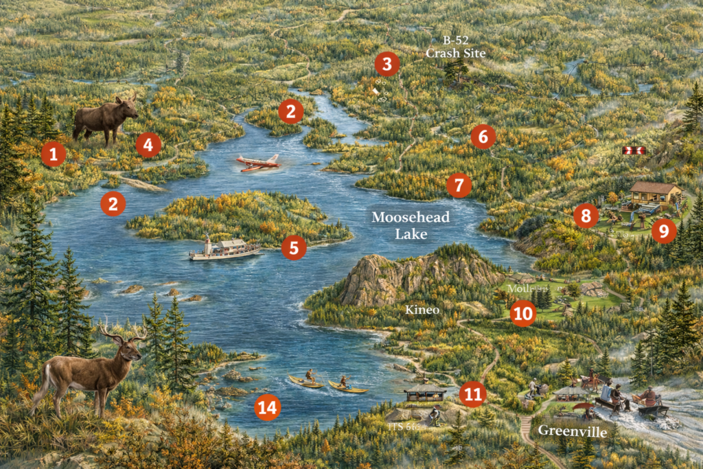 Illustrated map of Greenville, Maine and Moosehead Lake highlighting outdoor adventures including Mount Kineo, moose wildlife, seaplane tours, hiking trails, kayaking routes, and scenic lake views in the North Woods.