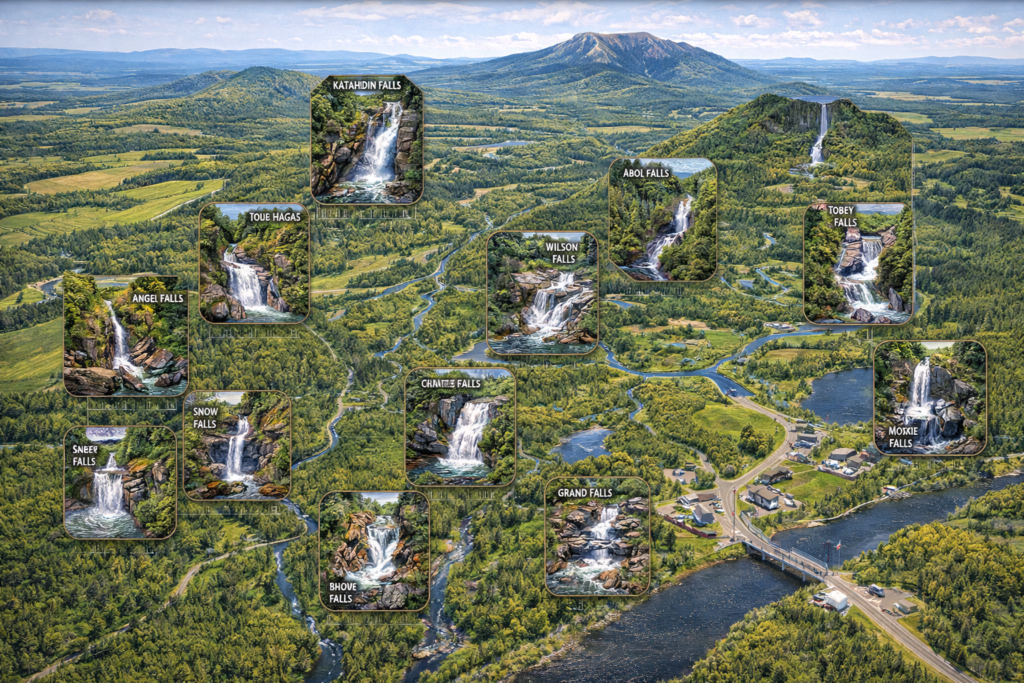 A vibrant 16:9 detailed illustrated map of Maine highlighting 15 breathtaking waterfalls across the state, including Moxie Falls, Angel Falls, Gulf Hagas, Katahdin Falls, and Smalls Falls, surrounded by forests, mountains, and rivers in natural summer colors.