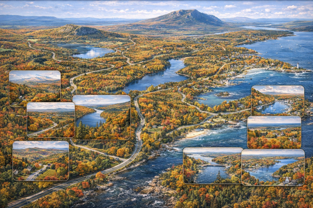 A high-resolution 16:9 illustrated aerial map of Maine in peak autumn foliage showing mountains, lakes, coastal villages, and scenic highways including Acadia National Park, Baxter State Park, Rangeley Lakes, Moosehead Lake, and Boothbay Harbor in vibrant red, orange, and gold fall colors.
