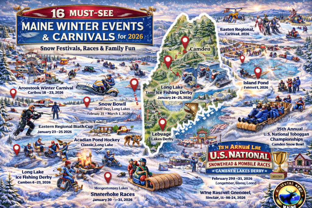 Illustrated 16:9 map of Maine highlighting 16 must-see winter events and carnivals for 2026 including snowmobile races, ice fishing derbies, sled dog races, biathlon, SnowBowl, and U.S. National Toboggan Championships with Moosehead News logo.
