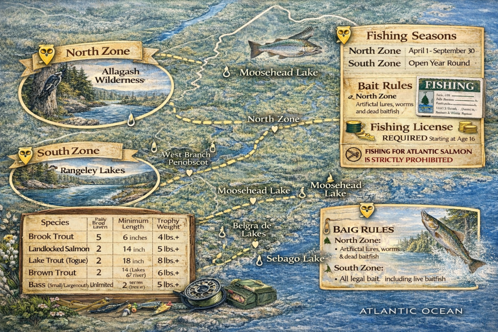 Illustrated map of Maine showing 2025 inland fishing laws, North and South fishing zones, open seasons, bait rules, and species limits including brook trout, landlocked salmon, lake trout, and bass.