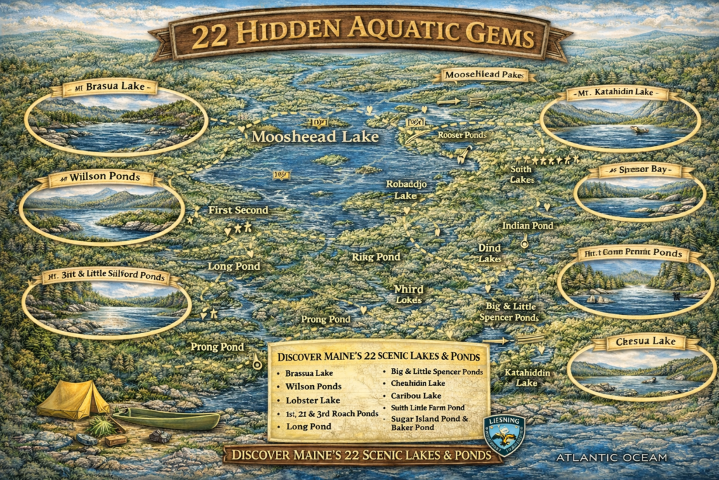Illustrated map of 22 scenic lakes and ponds near Moosehead Lake, Maine, highlighting hidden North Woods waterways for kayaking, fishing, camping, and wildlife viewing.
