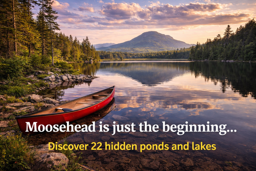 Hidden Maine pond surrounded by forest near Moosehead Lake with calm water and mountain reflections