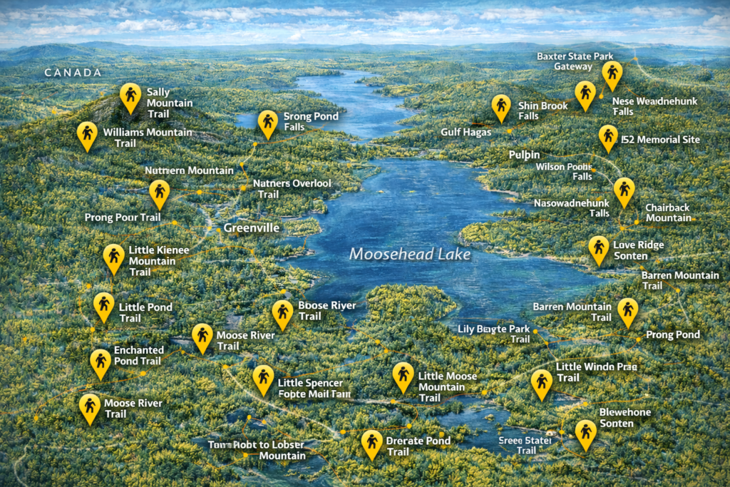 Illustrated map of the Moosehead Lake Region in Maine highlighting 22 of the best day hiking trails, including Mount Kineo, Gulf Hagas, Big Moose Mountain, Lily Bay State Park, and surrounding wilderness areas.