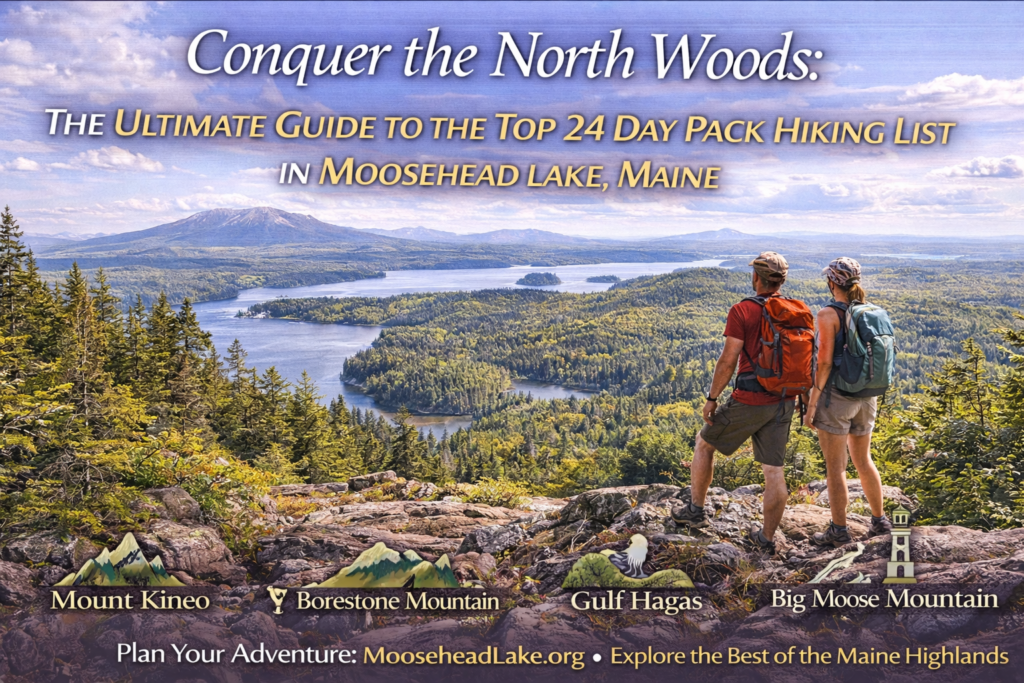 Wide panoramic view of hikers on scenic mountain and lakeside trails in the Moosehead Lake region of Maine, surrounded by forests, cliffs, and water.