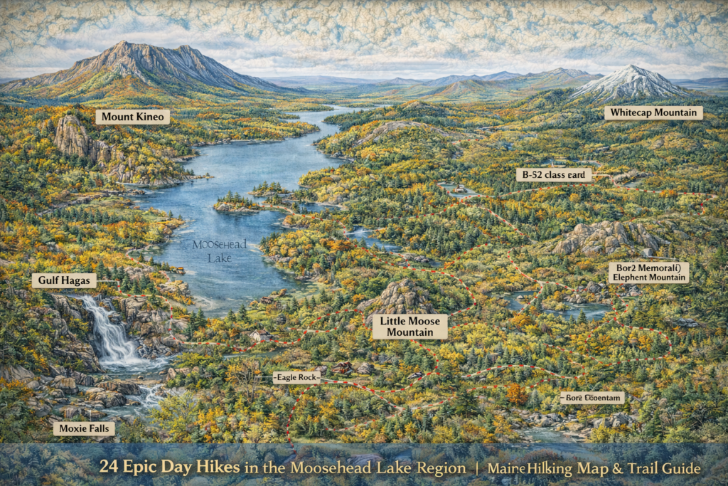 Illustrated 16:9 map of Moosehead Lake Region in Maine highlighting Mount Kineo, Gulf Hagas, Moxie Falls, Little Moose Mountain, Whitecap Mountain, Eagle Rock, and B-52 Memorial surrounded by vibrant fall foliage and wilderness trails.