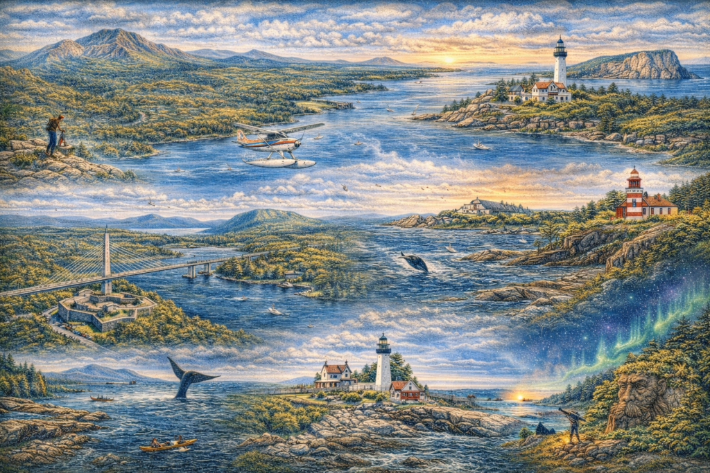 High-resolution 16:9 illustrated aerial map of Maine featuring Acadia National Park coastline, Portland Head Light lighthouse, Mount Katahdin, Moosehead Lake and Mount Kineo, Sugarloaf Mountain, Penobscot Narrows Bridge, sandy beaches, forests, and rugged Atlantic shoreline.