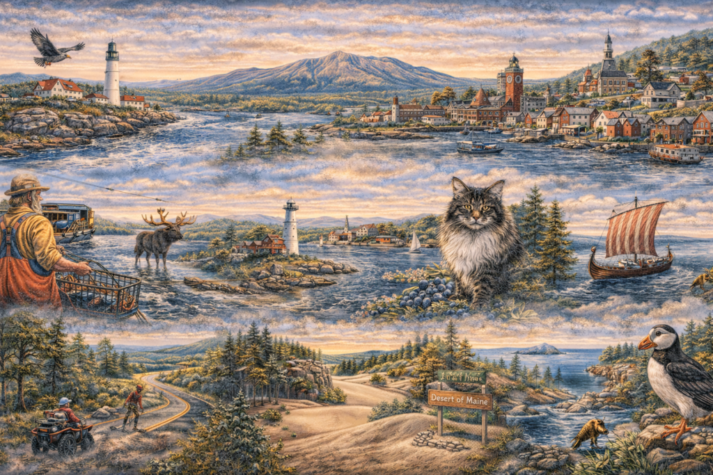 Panoramic 16:9 illustration of Maine featuring Mount Katahdin, Portland Head Light, a lobsterman hauling traps, a Maine moose, Maine Coon cat, Viking ship, puffins, and rugged coastline with forest and lakes in vibrant natural colors.
