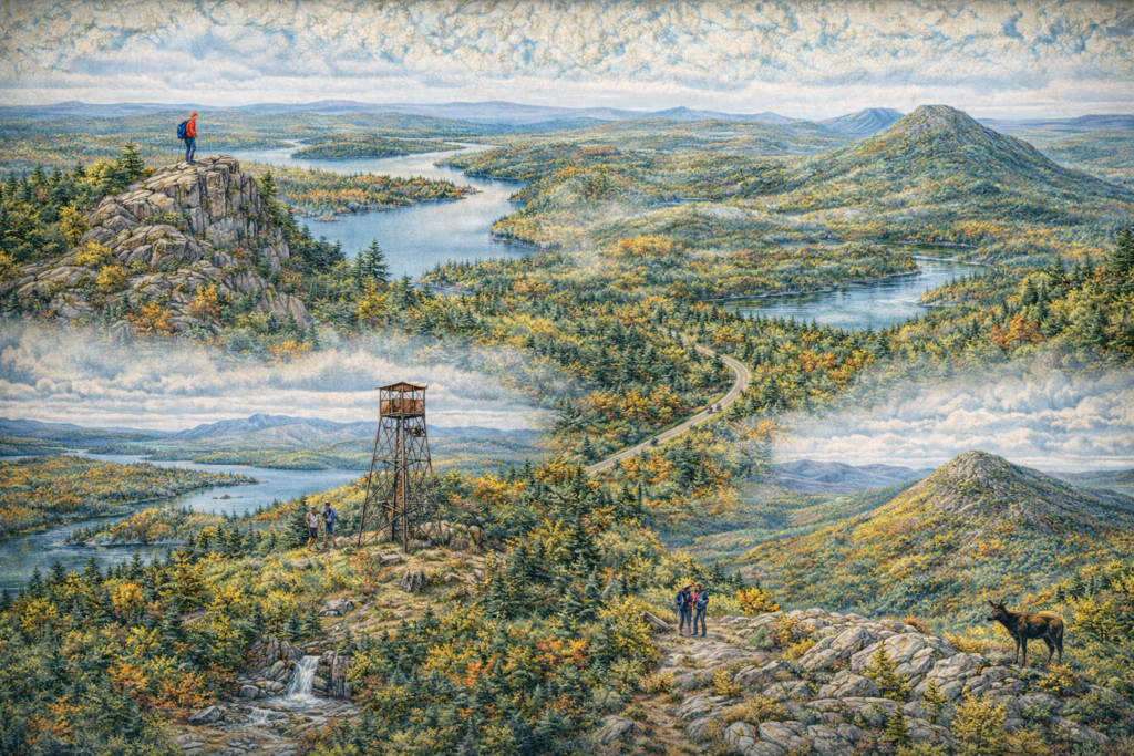 Illustrated 16:9 map-style image of Eagle Rock Trail, Number Four Mountain, and Big Spencer Mountain near Moosehead Lake, Maine, featuring forested peaks, scenic overlooks, and pristine North Woods wilderness.