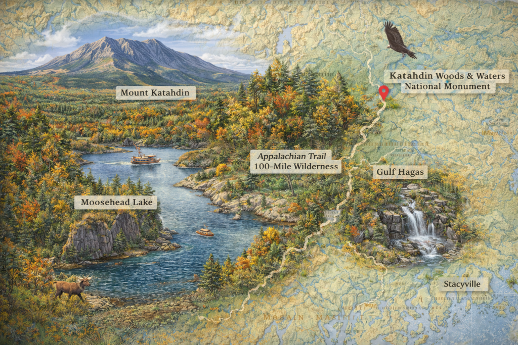 Illustrated 16:9 map of The Maine Highlands featuring Mount Katahdin in Baxter State Park, Moosehead Lake near Greenville and Rockwood, Appalachian Trail 100-Mile Wilderness, Katahdin Woods & Waters National Monument, and scenic forests with wildlife in Northern Maine.