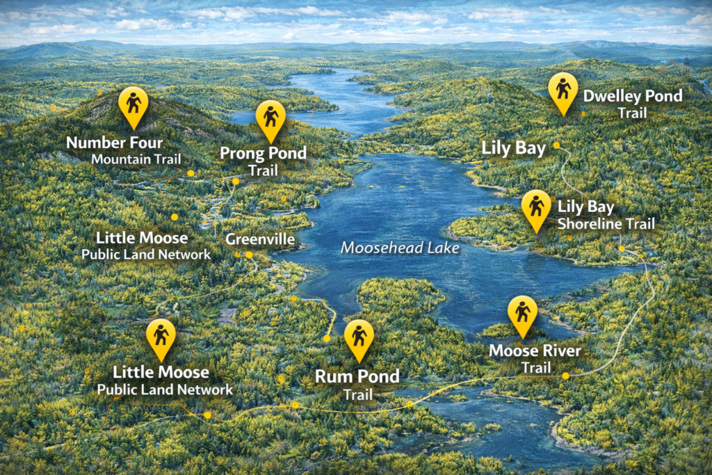 Aerial map of Greenville, Maine showing six popular hiking trails around Moosehead Lake, including Number Four Mountain, Little Moose Public Land Network, Prong Pond, Rum Pond Trail, Lily Bay Shoreline Trail, and Dwelley Pond Trail, surrounded by forests, lakes, and rivers.