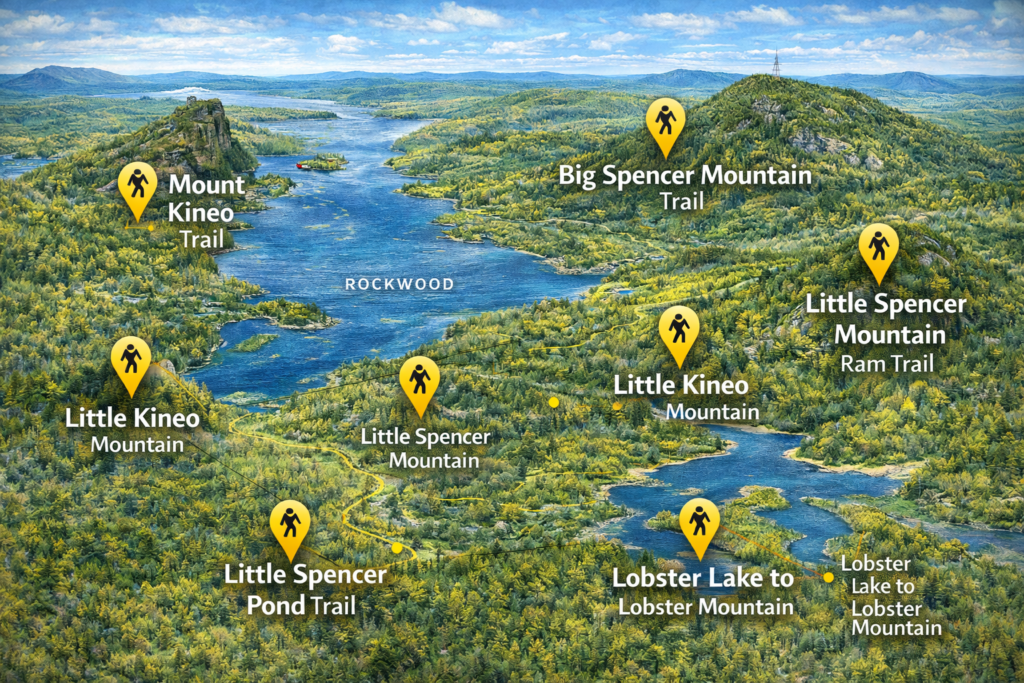 Illustrated map showing the top six hiking trails in Rockwood, Maine, including Mount Kineo, Big Spencer Mountain, Little Kineo, Little Spencer Mountain, Little Spencer Pond Trail, and Lobster Lake to Lobster Mountain, surrounded by Moosehead Lake wilderness.
