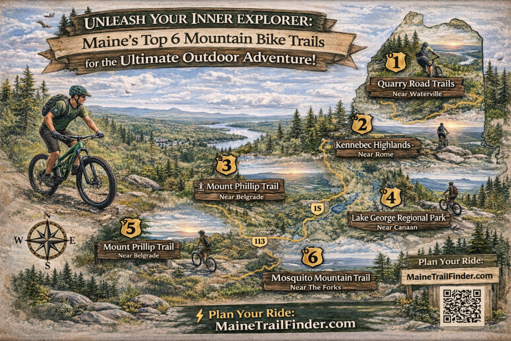Illustrated map of Maine highlighting top mountain biking trails, including Greenville, Kennebec Highlands, Belgrade Lakes, Waterville, West Forks, and Canaan.