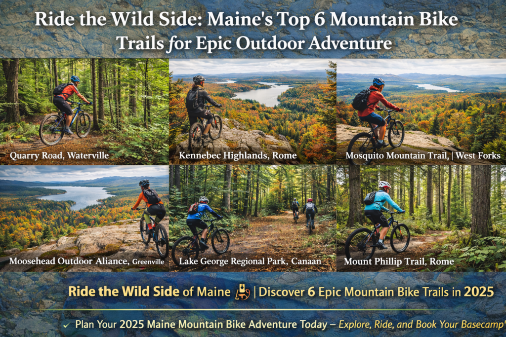 Mountain bikers riding forest singletrack and scenic ridge overlooks at Quarry Road in Waterville, Kennebec Highlands in Rome, Mosquito Mountain in West Forks, Moosehead Outdoor Alliance trails in Greenville, Lake George Regional Park in Canaan, and Mount Phillip in Rome, Maine during peak fall foliage.