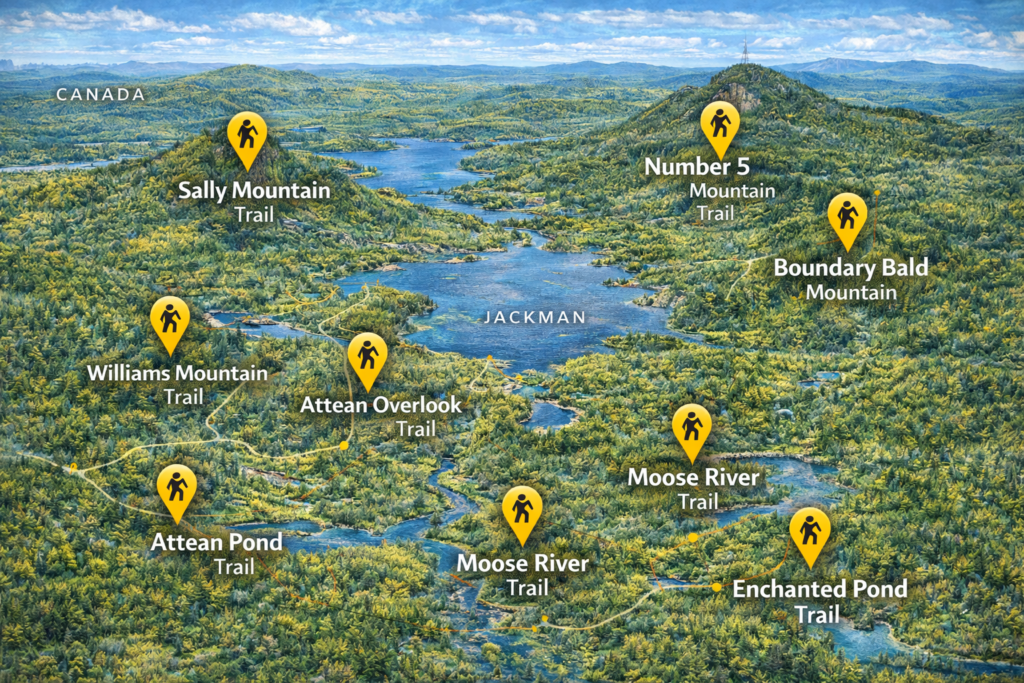 Illustrated map highlighting seven top hiking trails around Jackman, Maine, showing mountains, rivers, ponds, and trail locations near the Canadian border.