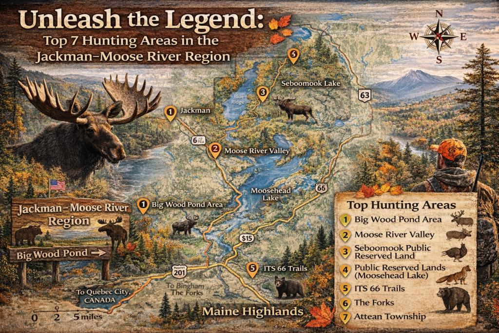 Illustrated map of the Jackman–Moose River Region highlighting top hunting areas near Moosehead Lake, including Big Wood Pond, Seboomook Public Lands, Moose River Valley, Attean Township, and ITS 66 access routes in northern Maine.