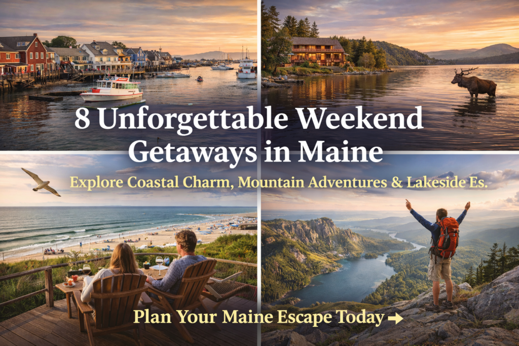 Scenic 16:9 promotional collage of Maine weekend getaways featuring Bar Harbor coastline, Kennebunkport harbor, Moosehead Lake mountains, Sugarloaf ski slopes, Boothbay Harbor waterfront, and Ogunquit cliffs in vibrant natural colors.
