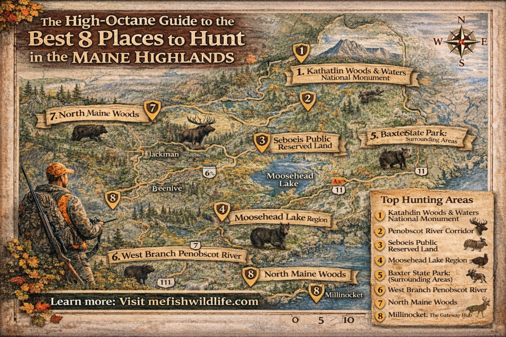 Illustrated map of the Maine Highlands highlighting top hunting areas near Moosehead Lake, Katahdin, Millinocket, and North Maine Woods with surrounding forest and wilderness terrain.