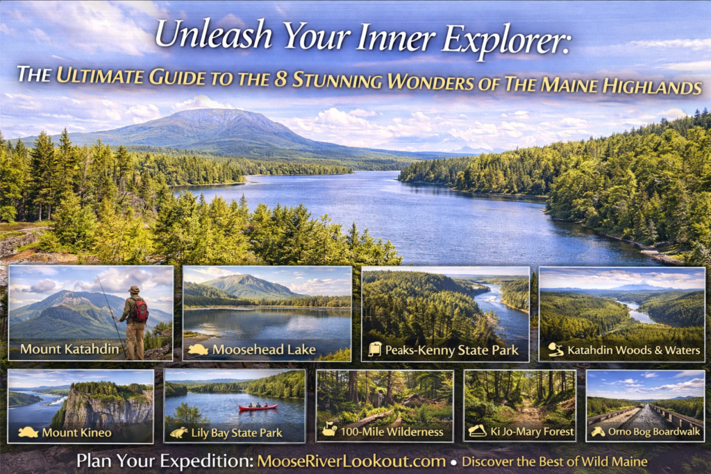 Panoramic view of the Maine Highlands featuring Moosehead Lake, Mount Katahdin, forested mountains, and pristine wilderness landscapes under natural summer light.