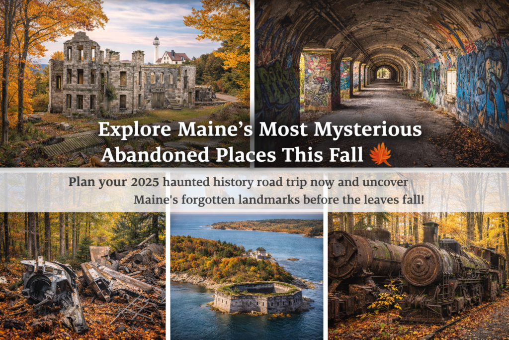 Collage of abandoned Maine sites in autumn including Goddard Mansion ruins in Cape Elizabeth, graffiti-covered Battery Steele tunnel on Peaks Island, B-52 crash debris in the North Maine Woods, Fort Gorges in Casco Bay, and rusted Eagle Lake locomotives surrounded by fall foliage.