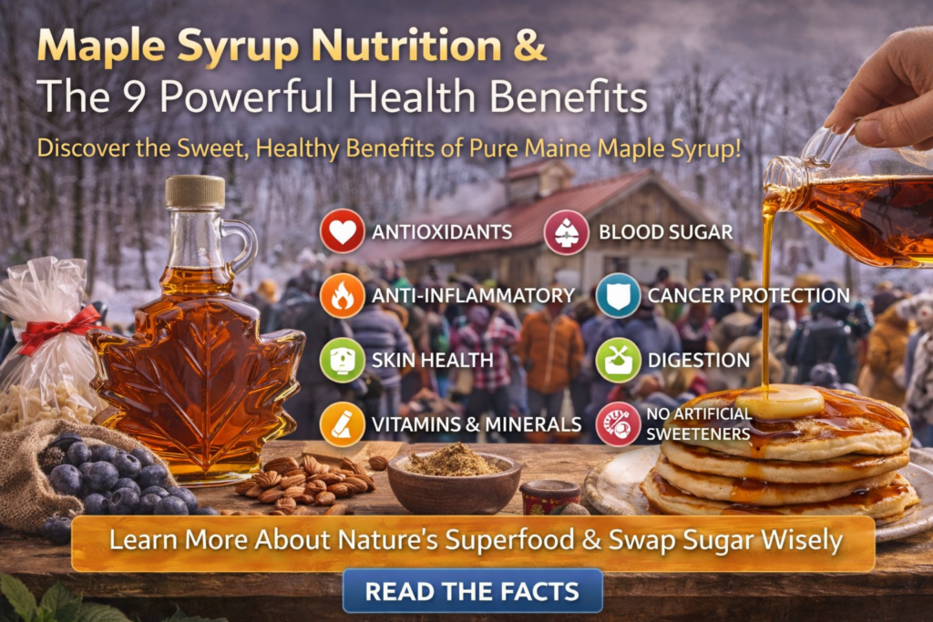 Pure Maine maple syrup in glass bottles with fresh maple leaves and pancakes on a rustic wooden table, showcasing natural nutrition and health benefits.