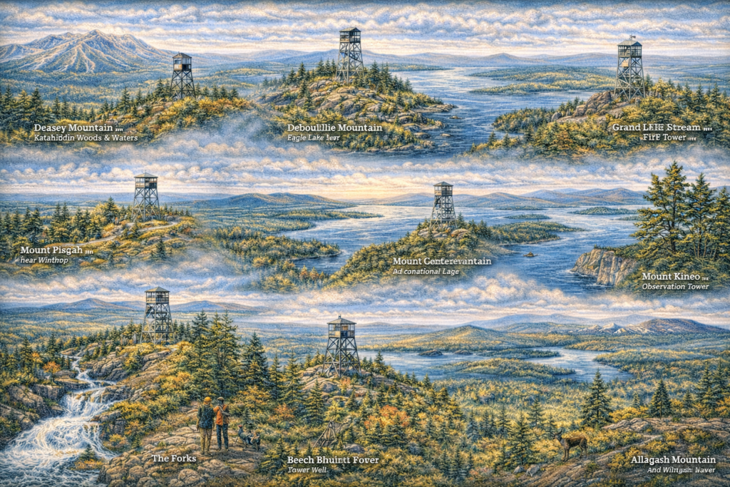 Illustrated aerial map of Maine highlighting scenic fire tower hikes including Mount Kineo, Deboullie Mountain, Deasey Mountain, Mount Pisgah, and Grand Lake Stream, surrounded by forests, lakes, and mountain views.