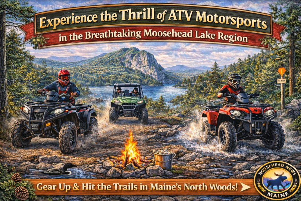 ATV riders navigating forest trail in the Moosehead Lake region of Maine with mountain views, pine trees, and scenic North Woods wilderness landscape.