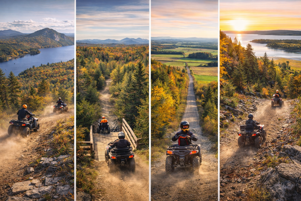 ATV riders navigating rugged mountain trails, forest bridges, farmland rail corridors, and coastal overlooks in Maine during vibrant fall foliage under bright natural light.