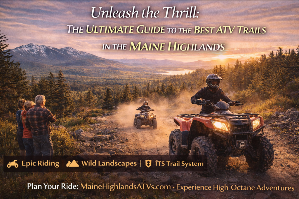 ATV riders exploring rugged forest trails in the Maine Highlands near Moosehead Lake on the ITS 66 trail system
