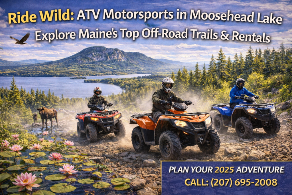 ATV riders navigating rugged off-road trails in the Moosehead Lake region of Maine with Big Moose Mountain, spring wildflowers, and wildlife along scenic backcountry terrain.