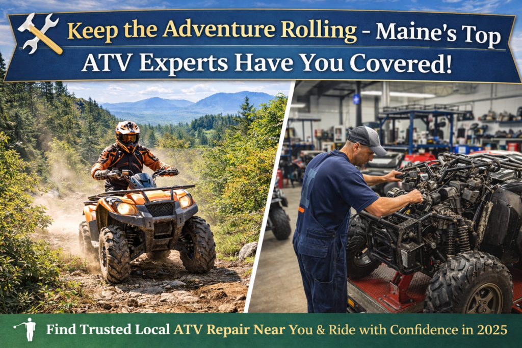 ATV rider parked on a scenic Maine forest trail near Moosehead Lake with local repair shop garage and mountains in background, promoting top-rated ATV maintenance services in Maine.