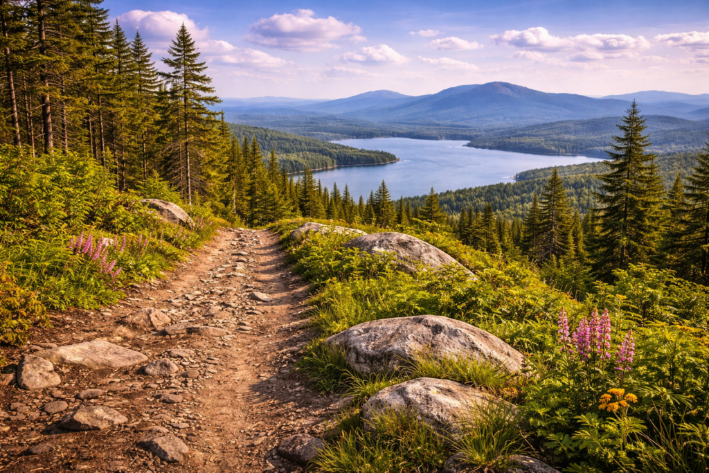 Scenic Maine Highlands ATV trail winding through forested terrain with mountains and lakes near Moosehead Lake, Maine.