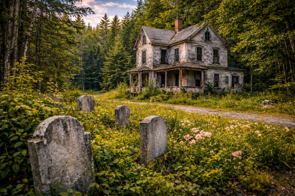 Abandoned Victorian-style building in rural Maine surrounded by forest, showcasing the haunting beauty of forgotten places in the Maine Highlands.