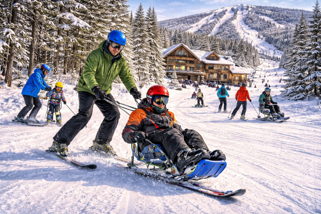 Adaptive skier enjoying a winter downhill run in Maine with assistance, surrounded by snow-covered mountains, evergreen forests, and clear blue skies.
