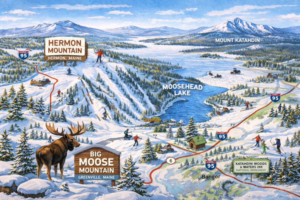 llustrated winter map highlighting affordable ski resorts in Maine’s Highlands, including Big Moose Mountain near Moosehead Lake and Hermon Mountain near Bangor.