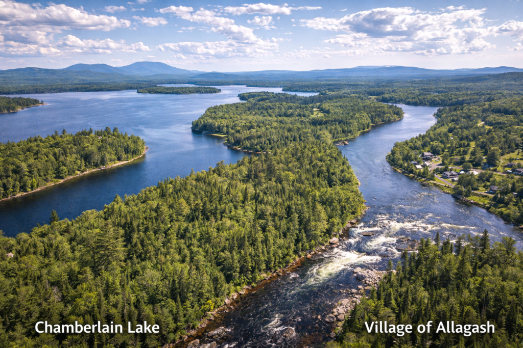 Allagash Wilderness Waterway landscape showing Chamberlain Lake launch area and river route leading to Allagash Falls in Maine’s North Woods