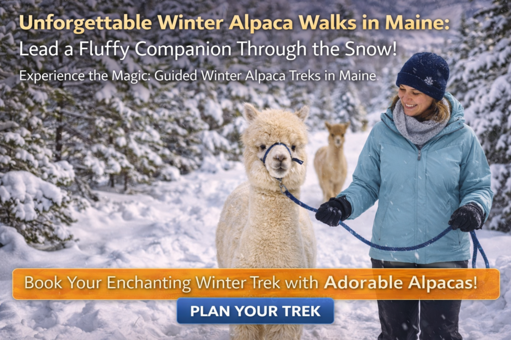 Guided winter alpaca walk in Maine with guests leading alpacas through a snowy forest trail under vibrant blue skies.