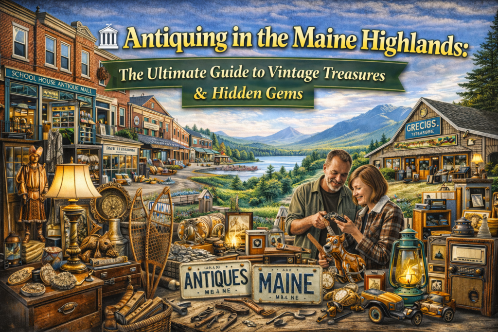 Antiquing in the Maine Highlands featuring Bangor antique malls, Brewer schoolhouse antique shop, Greenville vintage store near Moosehead Lake, rustic North Woods cabin décor, and historic mill architecture in Central Maine.