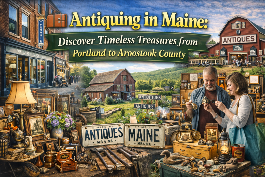 Antiquing in Maine scene featuring Portland brick storefronts, vintage barn antique market in Aroostook County, coastal Route 1 shops, antique furniture, retro signage, maritime décor, and historic New England mill buildings.
