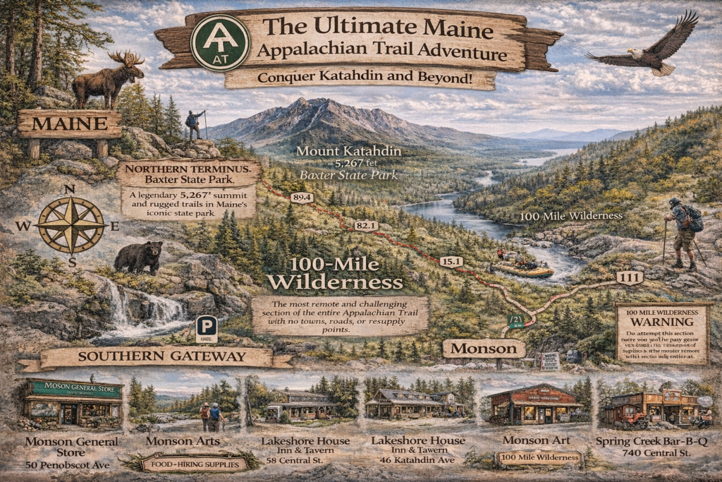 Illustrated map of the Appalachian Trail in Maine showing Mount Katahdin, Baxter State Park, the 100-Mile Wilderness, Monson, Millinocket, and surrounding North Woods scenery.